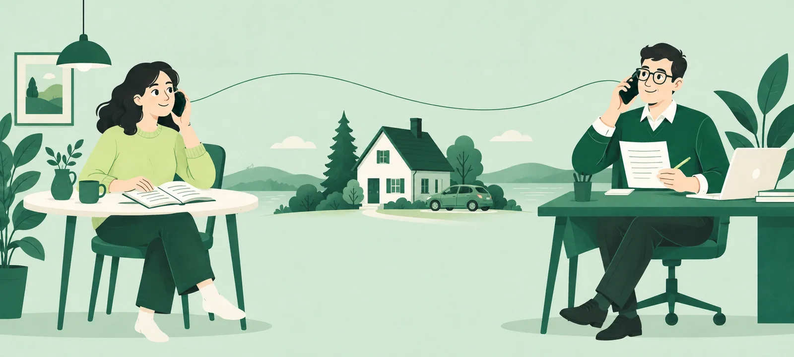 Une cliente et un spécialiste en assurance au téléphone, avec une maison et une voiture entre eux