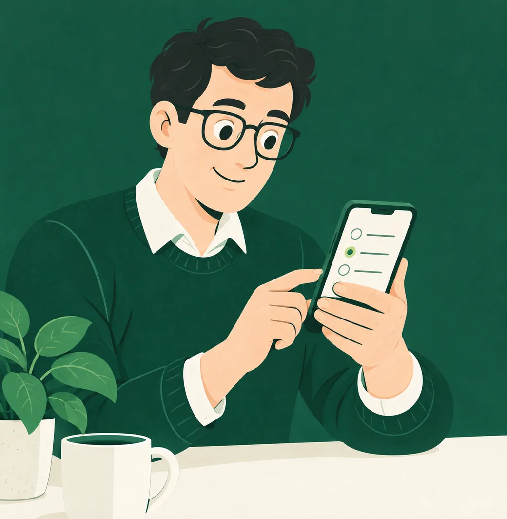 Un homme consulte un court questionnaire d’assurance sur son téléphone