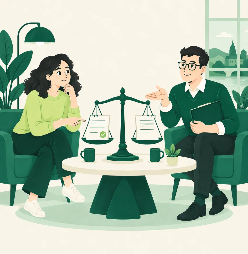 Une cliente et un spécialiste comparent deux soumissions sur une balance